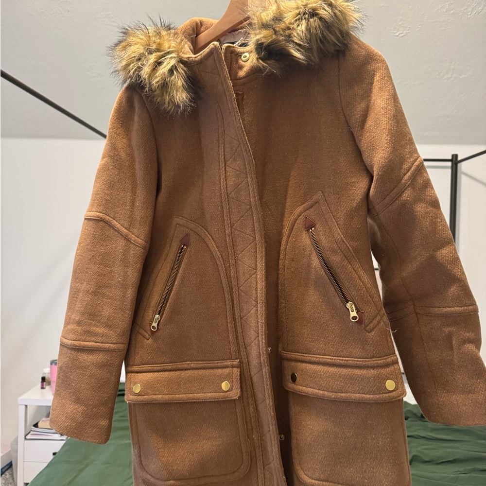 Women's JCrew Coat Chateau Parka Italian Wool Brown Size 4 Fur-Trimmed